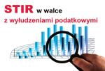 Banner informacyjny STIR: STIR w walce z wyłudzeniami podatkowymi, wizerunek lupy na tle wykresu słupkowego.