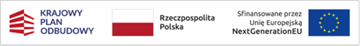 Logotyp Krajowego Planu Odbudowy, Flaga Rzeczpospolitej Polskiej oraz flaga Unii Europejskiej i napis sfinansowane przez Unię Europejską NextGenerationUE
