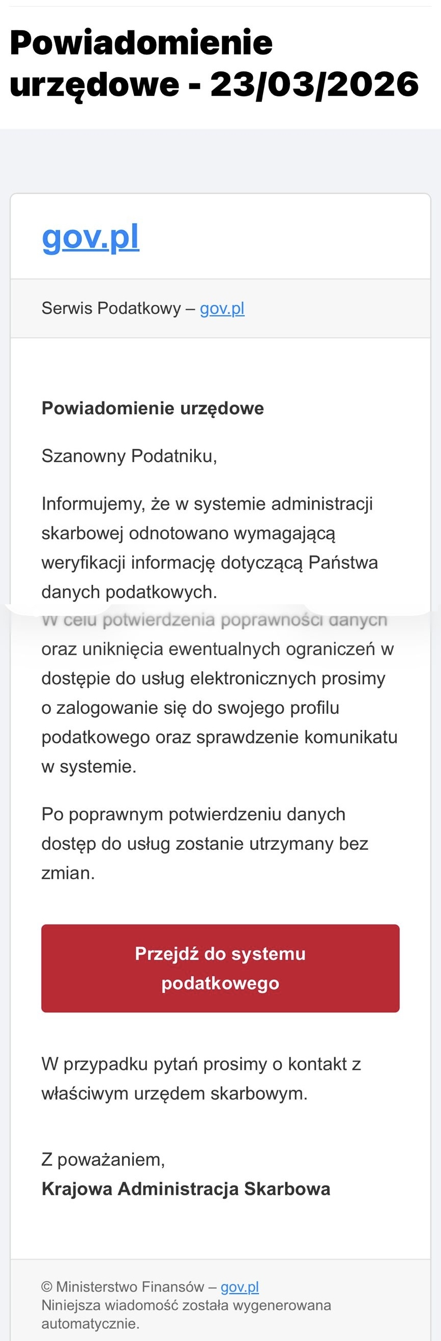 Zrzut ekranu przedstawiający fałszywie wyglądający komunikat e‑mailowy o tytule Powiadomienie urzędowe – 23/03/2026.