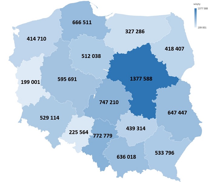 mapa Polski z wyodrębnionymi województwami i przyporządkowanymi do nich liczbami umówionych wizyt