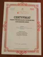 Certyfikat dla Izby Administracji Skarbowej w Szczecinie jako firmy promującej honorowe oddawanie krwi