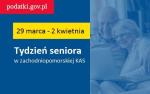 Plakat Tydzień seniora w zachodniopomorskiej KAS.  Starsza kobieta i mężczyzna przytuleni i wpatrzeni w ekran laptopa