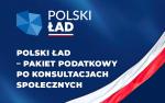 Grafika: na granatowym tle  z napis Polski Ład Polski Ład-pakiet podatkowy po konsultacjach społecznych