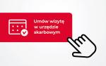 Grafika z symbolicznym kalendarzem i wskazującą dłonią. Napis: Umów wizytę w urzędzie skarbowym.