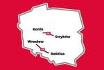 mapa Polski z zaznaczonymi autostradami A2 Konin-Stryków i A4 Wrocław-Sośnica