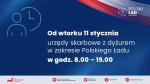 Grafika z napisem Polski Ład, od wtorku 11 stycznia urzędy skarbowe z dyżurem w zakresie Polskiego Ładu w godz. 8.00 - 19.00