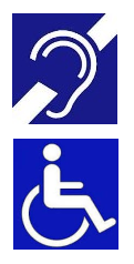 Symbol osoby z dysfunkcją słuchu - kontur ucha przekreślony białym paskiem na niebieskim tle. Symbol osoby niepełnosprawnej ruchowo - osoba niepełnosprawna na wózku inwalidzkim, na niebieskim tle