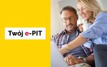 Grafika z napisem Twój e-PIT i kobieta i mężczyzna pochyleni nad laptopem