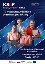 Grafika z napisem: KSeF, Izba Administracji Skarbowej w Szczecinie zaprasza na cykl szkoleń Środy z KSeF