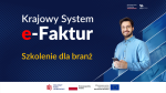 grafika na granatowym tle napis Krajowy System e-Faktur. Szkolenia dla branż