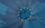 Symbol Unii Europejskiej na mapie Europy z motywem cyfrowym.