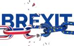 Napis Brexit i pęknięty łańcuch w kolorach Wielkiej Brytanii i Unii Europejskiej